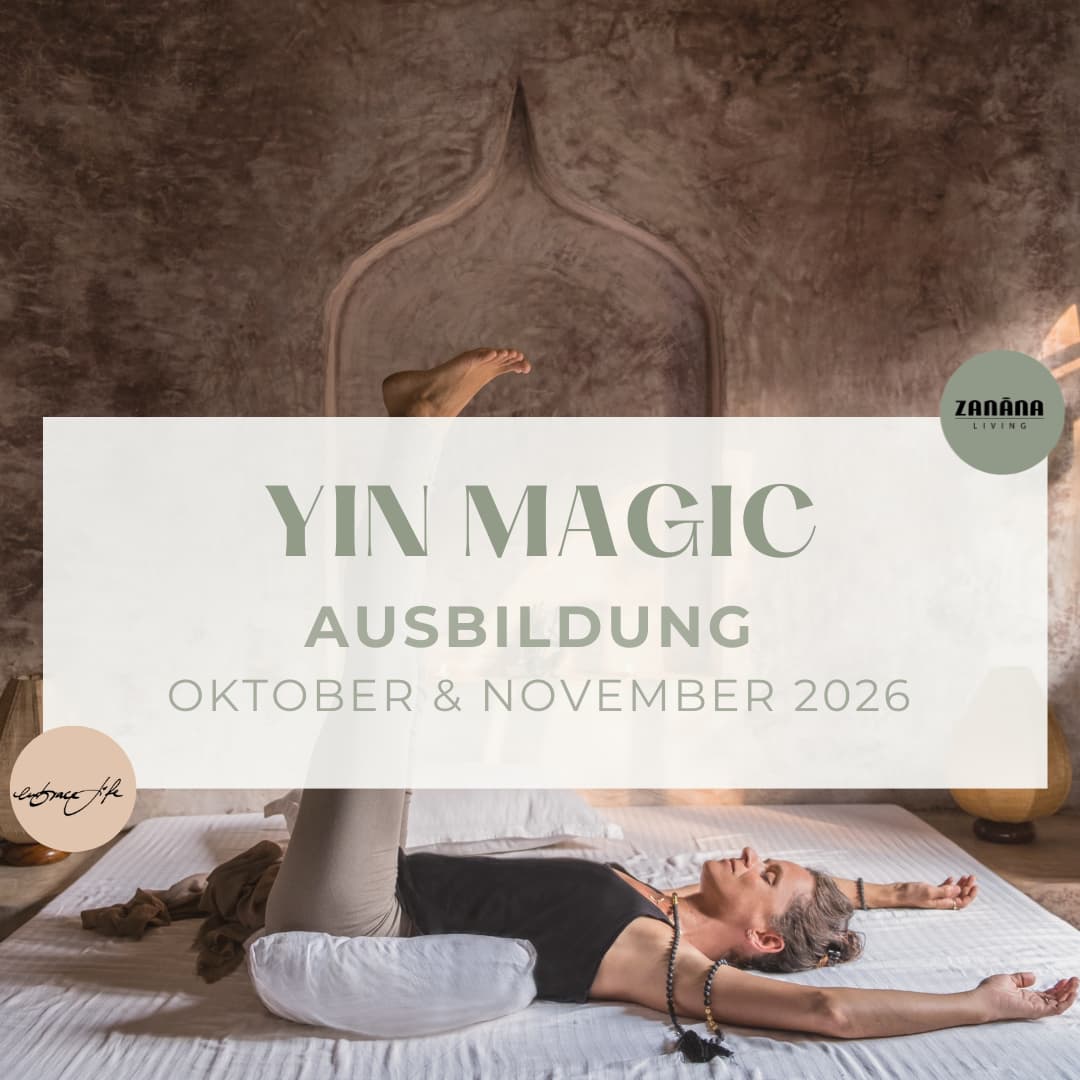 Promotional image for Yin Magic training: person on a mat in a calm studio with a translucent banner showing 'YIN MAGIC AUSBILDUNG OKTOBER & NOVEMBER 2026'.