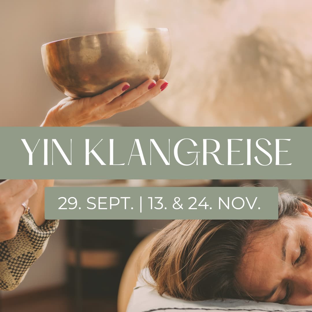 Promotional image for a Yin Klangreise event with dates Sept 29 and Nov 24, showing a hand holding a singing bowl.