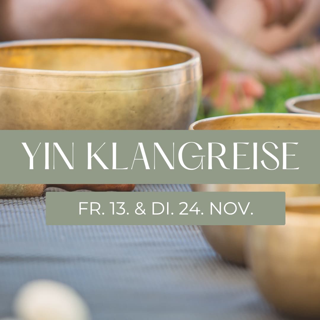 Promotional image for a Yin Klangreise event with dates Sept 29 and Nov 24, showing a hand holding a singing bowl.